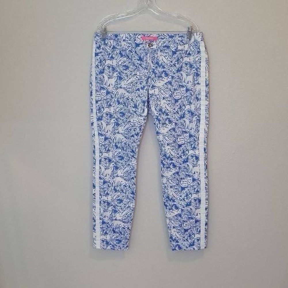 Lilly Pulitzer Blue & White Floral Straight Leg Pants with Side Stripe - Picture 2 of 2